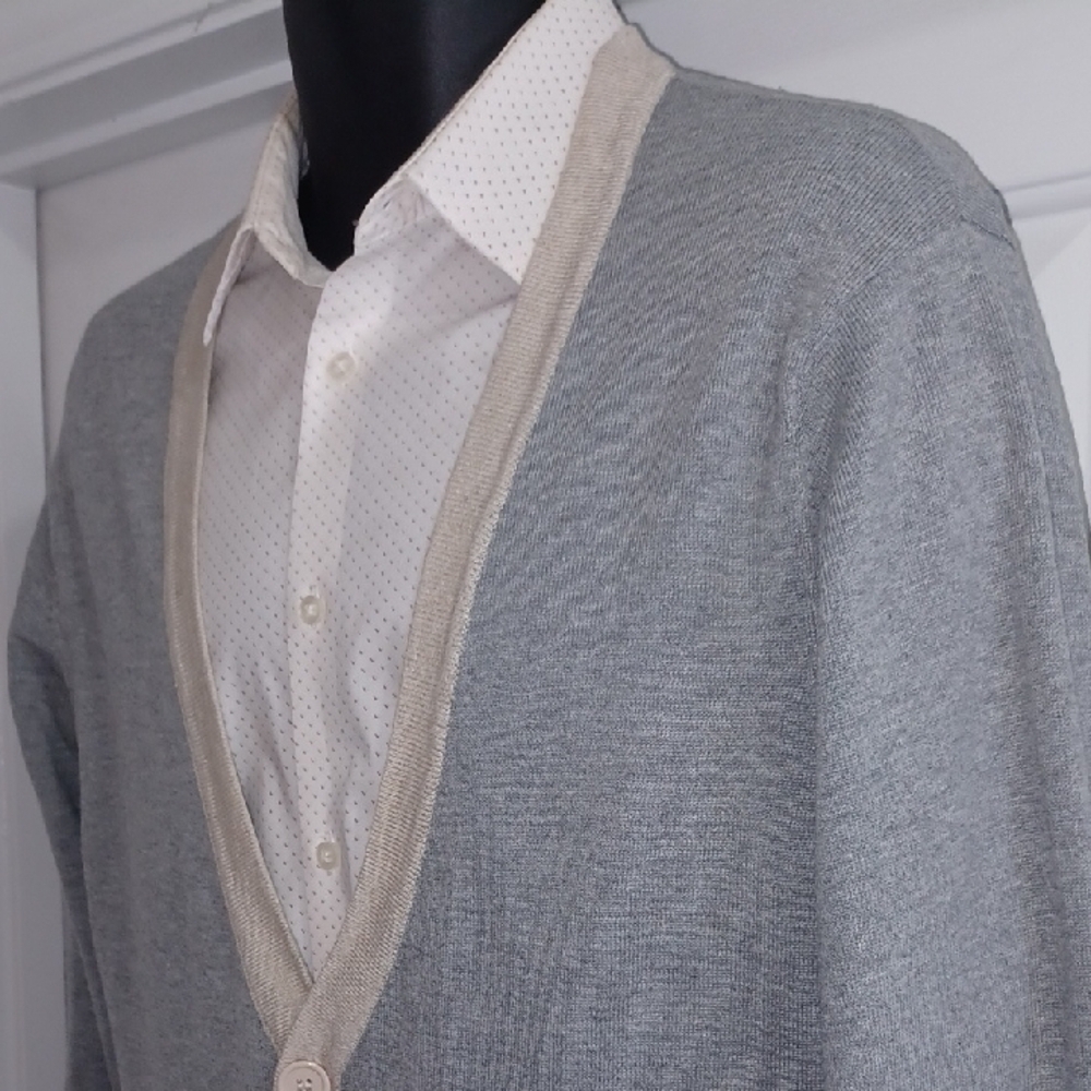 BLACK Gray & Cream Cardigan Sweater with Patch Sleeves
